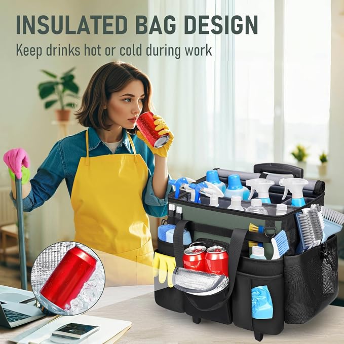 Ytonet Cleaning Caddy with Wheels, Extra Large Rolling Cleaning Caddy Bag | with Detachable Trolley for Housekeepers, Water Resistant Cleaner Supplies Organizer with Wheels for Kitchen, Tool Organizer