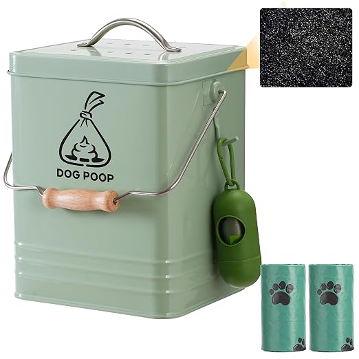 Dog Poop Trash Can Outside, Metal Pet Waste Trash Can with Lid & Handle, 5L/1.3Gal Dog Waste Station with Bag Holder & 30 Bags(Green)