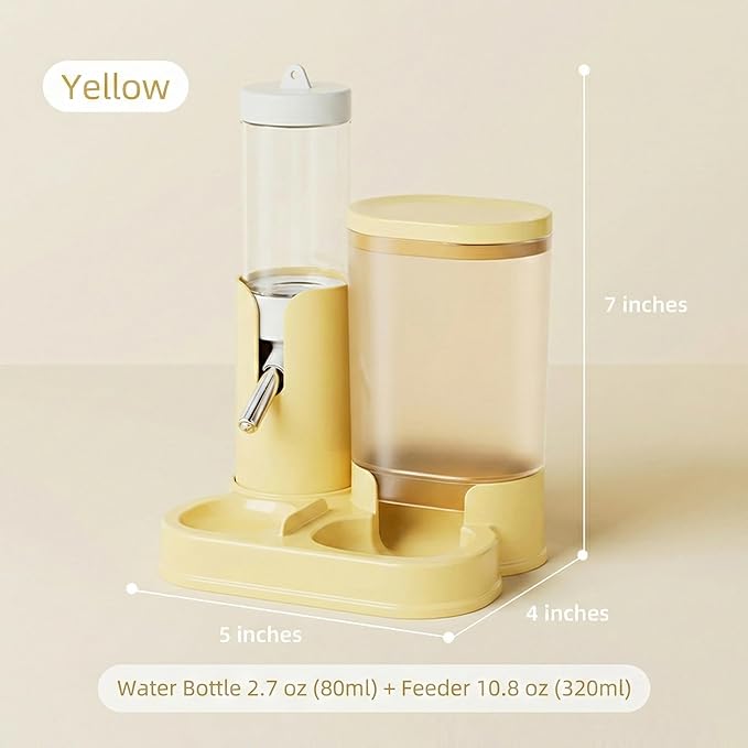 No Drip Hamster Water Bottle, 2 in 1 Automatic Hamster Water Dispenser & Food Bowl, Freestanding Small Animal Water Bottle Cage Accessories for Dwarf Hamster, Gerbil, Rat, Mice (Yellow)