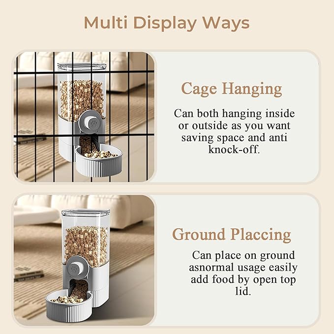 Auto Gravity Food Dispenser for Cage Hanging, 41OZ Capacity Hanging Automatic Pet Cage Feeder, Food Bowl for Cats Dogs Rabbit Ferret Chinchilla Bird Hedgehog Guinea Pig (Grey)