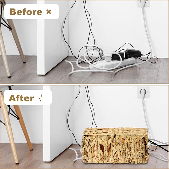 BTSKY Woven Cable Management Box with Lid Water Hyacinth Cord Organizer, L | Cable Organizer Box with 2-Open Slots to Hide Power Strips USB Hubs for Desk, Home & Office, Pet Proofing Cord Basket