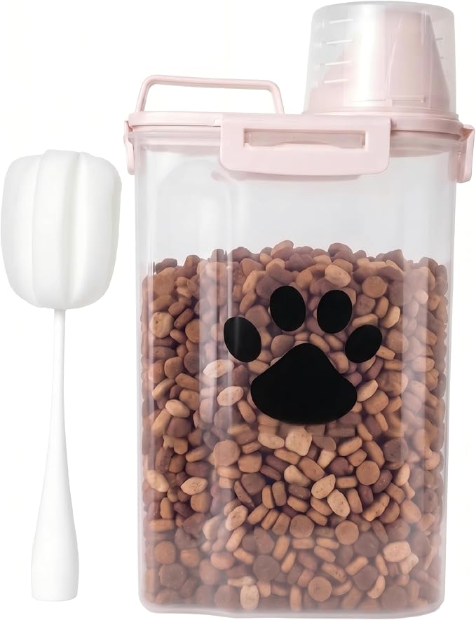 Dog Storage Container with Cleaning Brush and Measuring Cup | Airtight Portable Pet Food Containers with Upgraded Large Spout and Cup for Dogs,Cats,Birds,Small Animals(White)