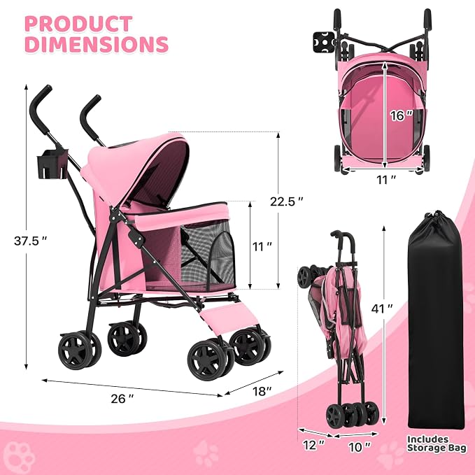 Magshion Compact Fold Pet Travel Stroller for Small Dogs Cats, Pink | Up to 22lbs, 4-Wheel Lightweight Umbrella Shaped Design, Safety Tethers, Breathable Mesh, Cup Holder & Rear Storage