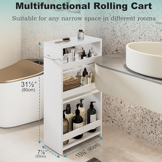 MARTY Slim Rolling Storage Cart, Wood Utility Kitchen Bathroom Laundry Cart | 4 Tier Kitchen Cart with Wheels Handle, Laundry Room Organization Between Washer and Dryer, Narrow Storage Cabinet, 8” Wide