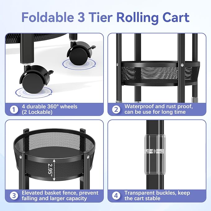 TOOLF 3 Tier Foldable Rolling Cart, Metal Utility Storage Cart, Black | Assembly-Free, Lockable Wheels, Round Trolley Organizer for Bathroom, Kitchen, Office, Dorm, Laundry, Craft Room