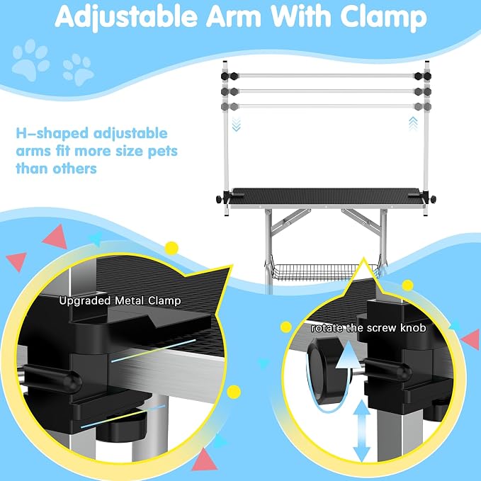42'' Foldable Dog Grooming Table with Arms/Nooses/Mesh Tray, Black | Stainless Steel Grooming Table for Dogs at Home, Adjustable Pet Bathing Station, Non-Slip Waterproof Tabletop, Capacity 330Lb