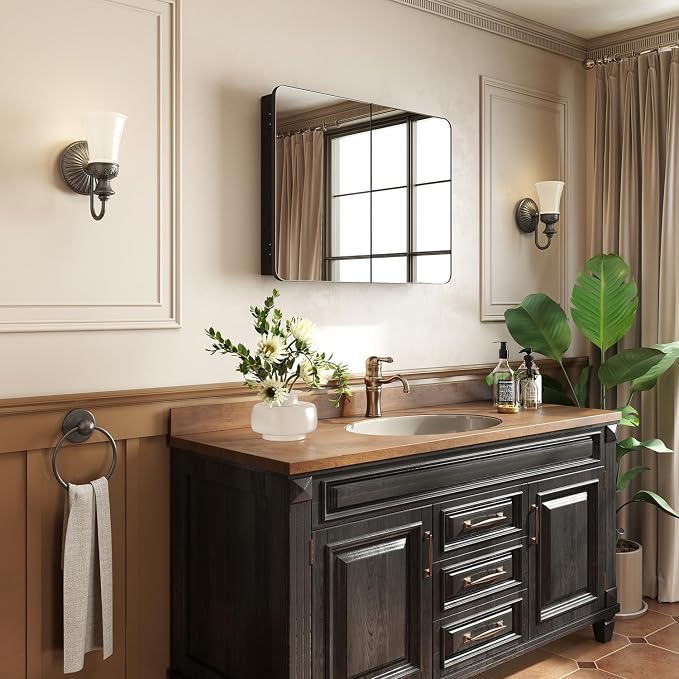 32x24 in Double Door Medicine Cabinet with Mirror, Matte Black | Fully Assembled; Recessed or Surface Wall Mount; Metal Cabinet with Tempered Glass Mirror and Two Adjustable Glass Shelves