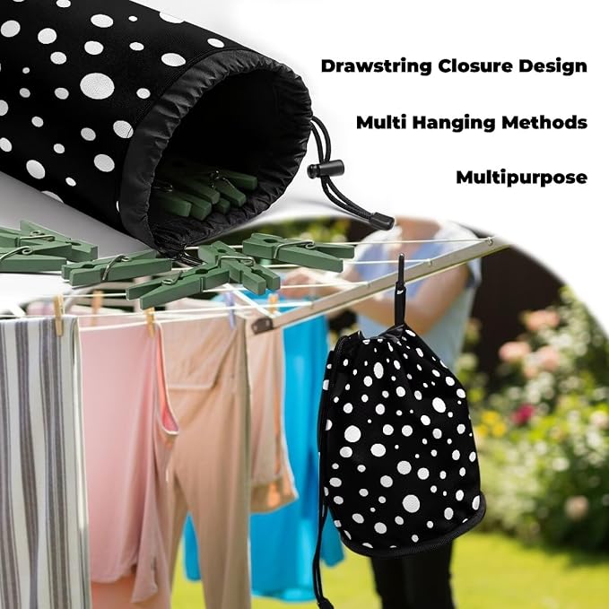 Large Capacity Clothespin Bag with Hanging Hook White Polka Dot Waterproof Clothes Pin Hanging Bag Clothespin Storage Organizer with Large Opening