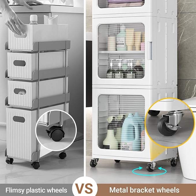 BROVIEW 3-Tier Tall Narrow Storage Cabinet 14.6” Wide, Slim Bathroom Cabinets with Adjustable Shelves and Doors, Plastic Kitchen Pantry Organizers and Storages for Small Space, Laundry, White