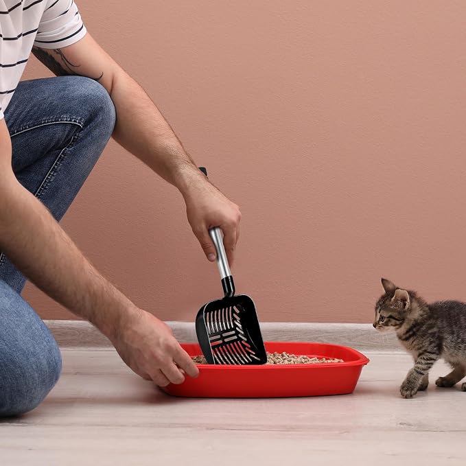 Hortsun 32 Inch Cat Litter Scooper Metal Long Handle with Cat Litter Scoop Holder Deep Kitty Sifter Shovel Detachable Stainless Steel Poop Sifter Scooper Caddy Kitty with Box(Black)