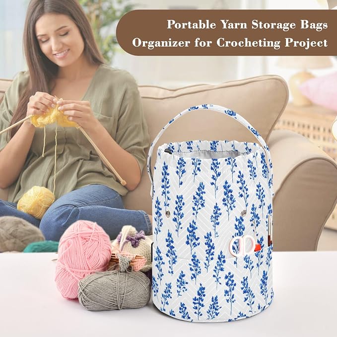 Tatenale Crochet Bag Yarn Bag Knitting Project Bag with Pockets and Handle Portable Yarn Storage Organizer Tangle Free 8.3x11 InchSmall Bluebonnet Flower26