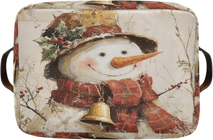 Christmas White Snowman Print Rectangular Storage Bin Basket with Handles - Nursery Storage Laundry Hamper Storage Baskets