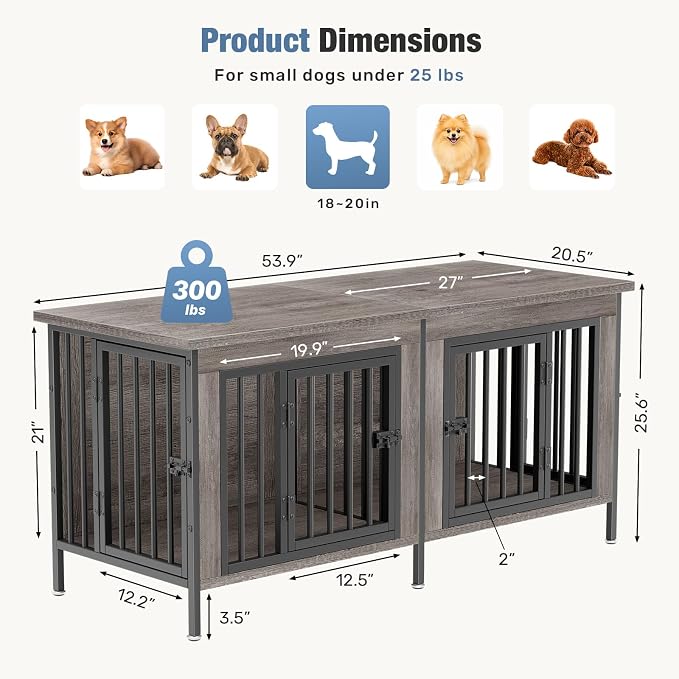 DUMOS 54" Dog Crate Furniture for 2 Dogs with Divider, Gray Wood Grain | Wooden Dog Kennel Furniture, Small Breed Center Divider and Double Doors, Heavy Duty Indoor Dog Cage, TV Stand, Side Table