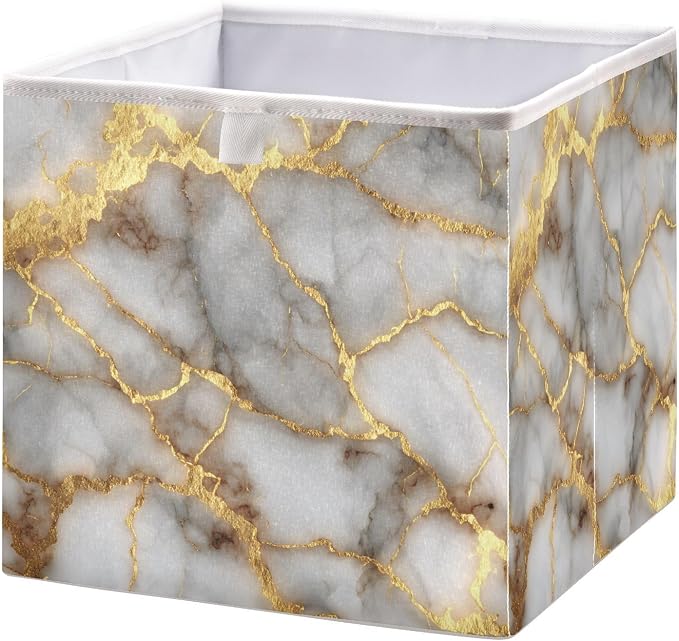 Gold Marble Pattern Cube Storage Bins Collapsible Fabric Storage Baskets Large Clothes Organizer Box for Bedroom Living Room Study Room 11×11×11 In