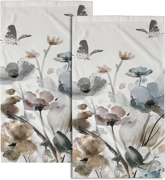 Giwawa Grey Floral Hand Towels Boho Botanical Fingertip Towels Set of 2 Soft Guest Face Towel Bathroom Decorations Thin Kitchen Tea Dish Towels