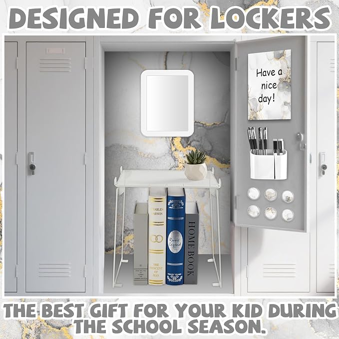 QOUBAI White Locker Accessories and Organizer Kit Include Marble Print Wallpaper Magnetic Mirror Whiteboard Pen Holder Magnet Locker Shelf Essentials for Back to School Supplies