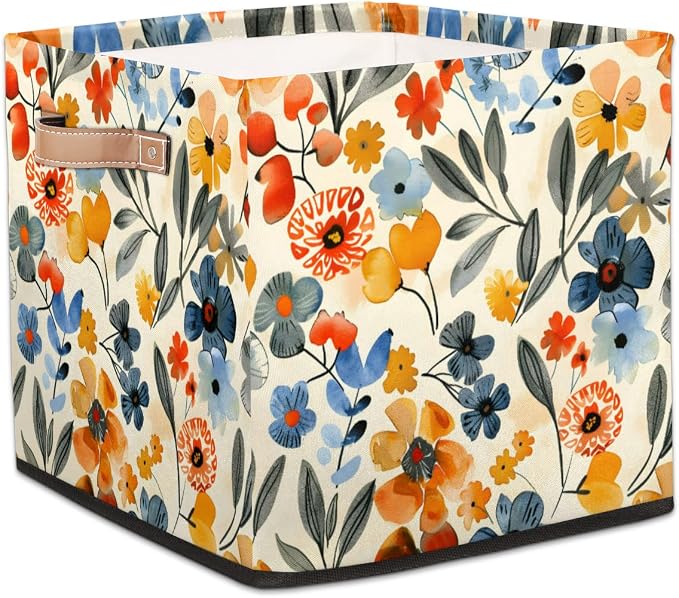 Floral Cube Storage Bin, 13 Inch Collapsible Fabric Storage Cubes Bin, Colorful Flowers Foldable Cube Baskets for Shelf, Closet, Organizer