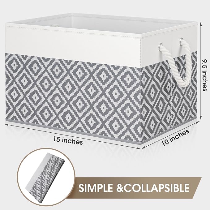 StorageTastic Storage Bins, 3-Pack Large Storage Box | with Rope Handles, Collapsible Storage Basket for Organizing Books, Clothes, Rhombic Grey