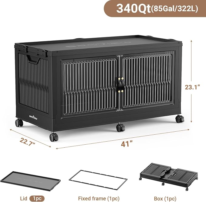 BROVIEW 340QT Extra Large Stackable Storage Bins with Lid, 1Pack Black | 85Gal Plastic Collapsible Cabinets Containers, Wheels & PET Doors, Foldable Closet Organizers Drawers for Office, Dorm