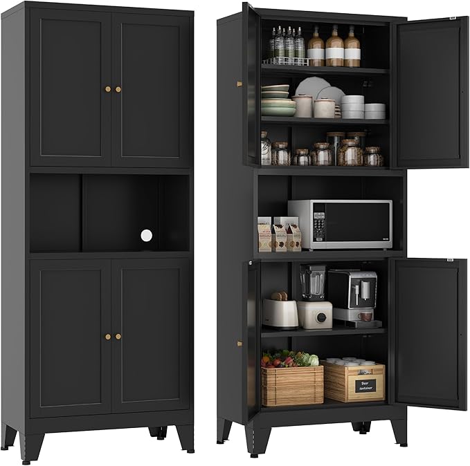 YAUWOH 69" Tall Metal Pantry Cabinet with Microwave Shelf, 4 Doors & 3 Adjustable Shelves, 120LBS Per Shelf Heavy Duty Storage Cabinet with Anti-Tip Design for Kitchen,Dining Room (1PC,Black)