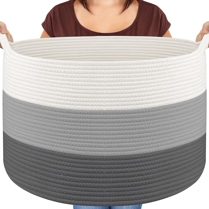 Maliton Woven Rope Blanket Basket Living Room, Storage Basket for Toy, 90L | 22x22x14 cotton rope basket. Holds blankets, toys & towels & laundry. For bedroom, nursery, bath & playroom. Soft & durable.