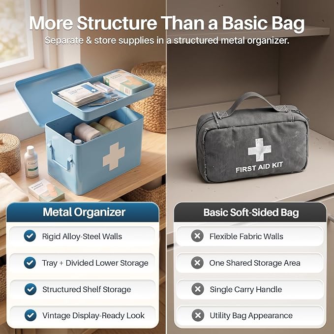 Flexzion Large Metal First Aid Box Empty, 13-Inch, Blue with White Cross | Vintage Medicine Box and First Aid Storage Organizer with Removable Tray and Dividers; Empty Box Only, Supplies Not Included