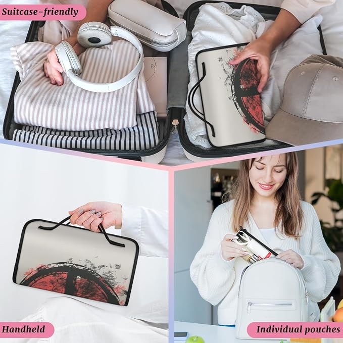 Peace Sign Makeup Bag for Women Hanging Roll-Up Travel Organizer Toiletry Kit with 4 Removable Compartments, Peace Symbol