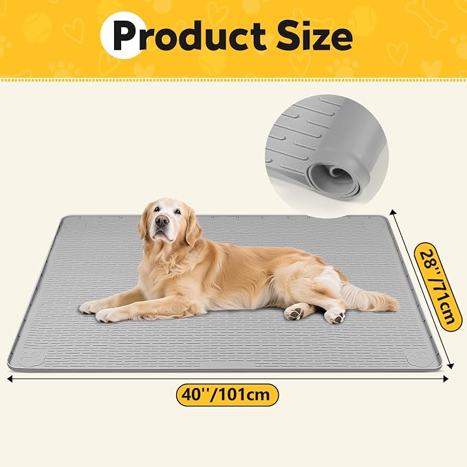 Silicone Dog Crate Mat 40"x 28" Under Dog Crate Kennel Pad Mat, Light Grey | Extra Large Dog Cage Mat, Non-Slip Waterproof Dog Playpen Mat, Reusable Washable Dog Mat for Crate, Protect Floors