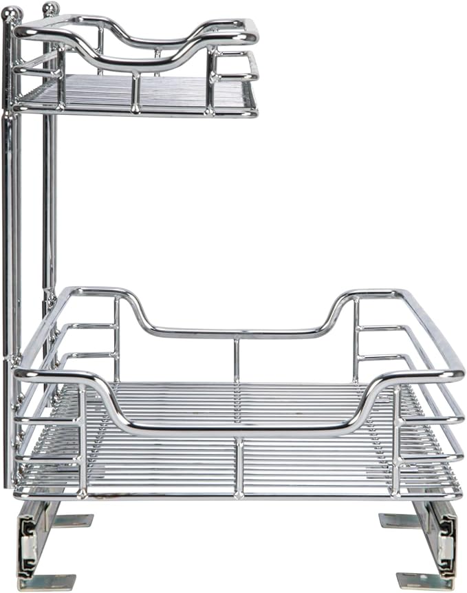 Household Essentials Glidez 2‑Tier Large Multipurpose Chrome‑Plated Steel Pull‑Out/Slide‑Out Under Sink Organizer, Chrome Finish