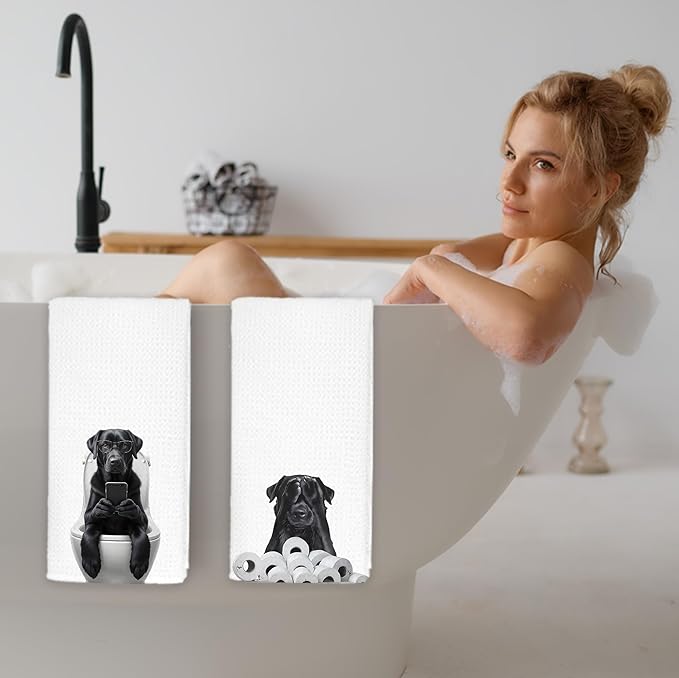 Funny Black Labrador Retriever Bathroom Hand Towels, Black Lab Gifts, Funny Labrador Dog Hand Towels for Bath Room, 16x24 Inch Set of 2