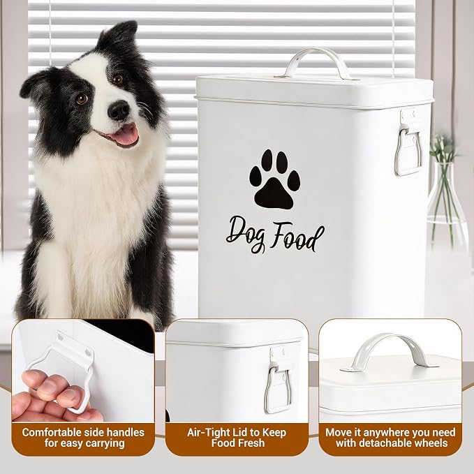 Dog Food Container 6.6lb, Cute Airtight Pet Treat Storage Containers with Metal Lid Scoop, Metal Storage Bin for Dog/Cat Durable Airtight Great Gift for Pet Owners-White