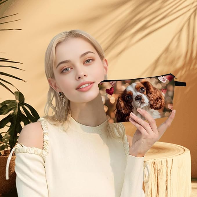 Cavalier King Charles Spaniel Makeup Bag Adorable Dog Print with Hearts Cute Cosmetic Pouch for Dog Lovers Travel Toiletry Organizer Gift for Pet Enthusiasts