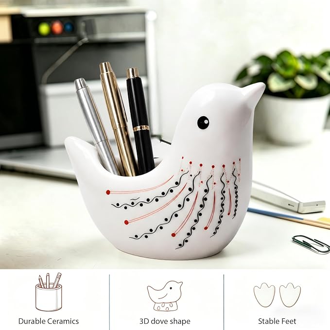 Ceramic Pigeon Shaped Pen Pencil Holder for Desk Decoration Accessories Pigeon Decor Makeup Brush Pen Cups Succulent Plant Pot Office School Ideal Gifts for Women, Mom or Birthdays