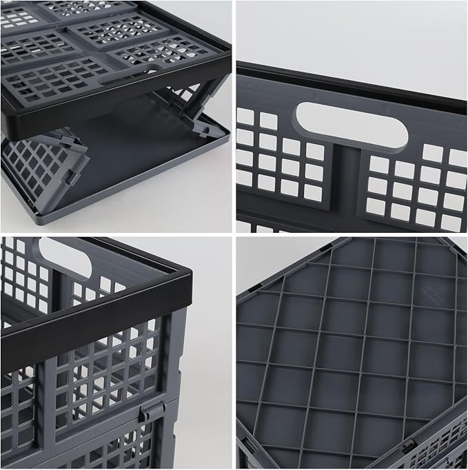 Folding Storage Crate 34 L, Collapsible Milk Crate 3 Packs, Grey