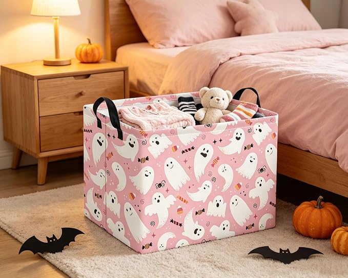Rectangular Halloween Basket for Boys and Girls Kids Trick or Treat Pumpkin Basket for Halloween Parties Cute Storage Bin Organizer Box Room Decor(Pink Halloween)