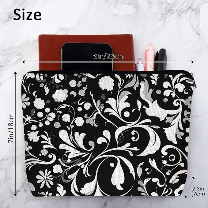 Makeup Bag Floral Makeup Bags For Purse Pouch, Vintage Mandala Flower Swirl Black White Travel Toiletry Bag Cosmetic Bag Makeup Bags Flax Makeup Organizer Bag Pencil Pouch For Man Woman