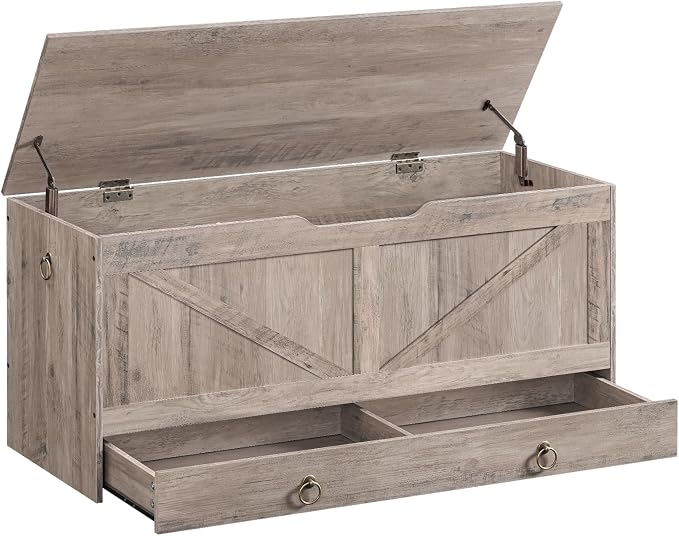 HOOBRO Storage Chest, 43.3" Toy Chest with Drawer, Wooden Storage Bench, Sturdy Entryway Bench Supports 220 lb, Shoe Bench, Safety Hinge, U-Shaped Opening, Easy Assembly, Greige BG711CW01G2