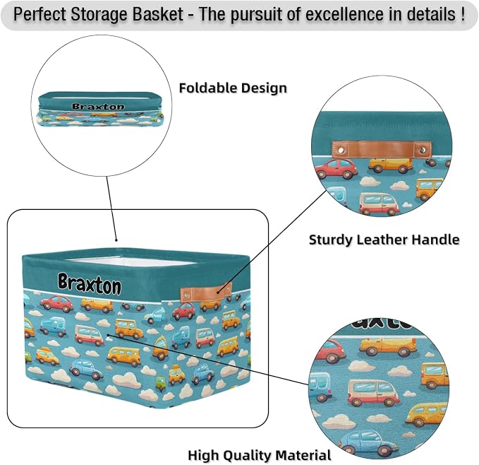 Custom Storage Baskets for Kids with Name, Large Foldable Organizer Collapsible Storage Bin with Leather Handle for Home Toys Closet Nursery, Colorful Bus Taxi Clouds