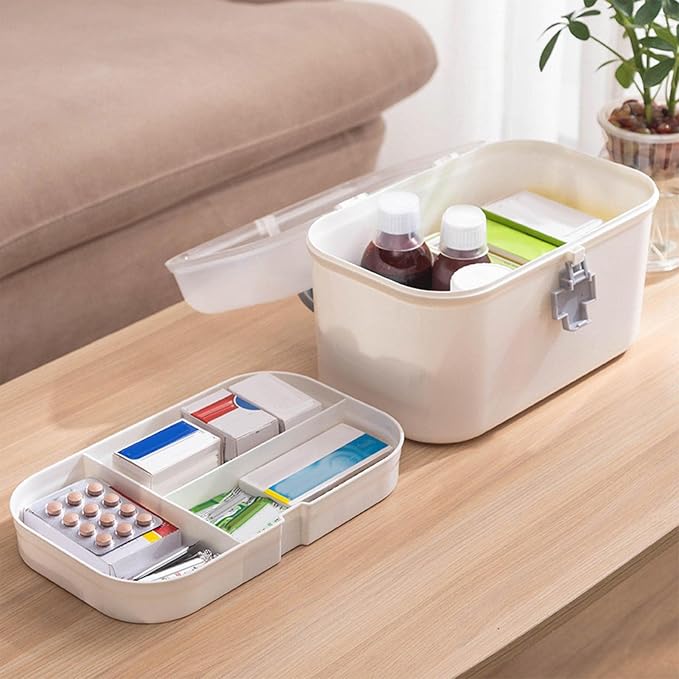 Portable First Aid Carrying Case Organizer Bin Medicine Storage Box with Organizing Holder with Handle Stationery, Clear, 21.2x12x12.5CM