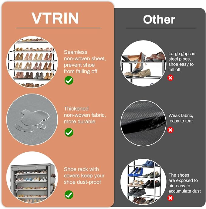 VTRIN Tall Shoe Rack with Cover, 10 Tier Shoe Organizer Storage for 50-55 Pairs Shoes and Boots Large Capacity Shoe Shelf with 8 Pockets Free Standing Shoe Rack for Closet, Entryway, Garage, Grey
