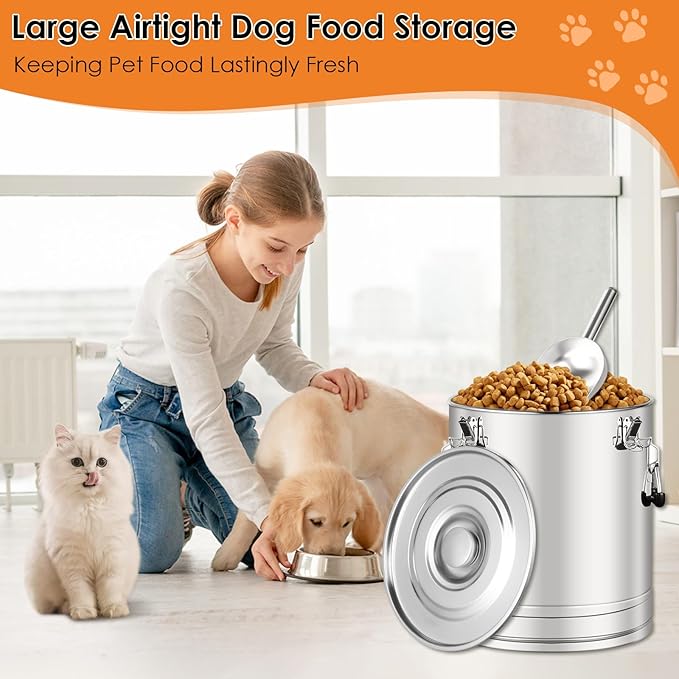 Stainless Steel Dog Food Storage Container,20LB/25LB Airtight Dog Food Storage Container with Lid to Keep Fresh,Easy Clean Large Pet Food Storage Container with Scoop for Cat Food,Chicken Feed,Rice