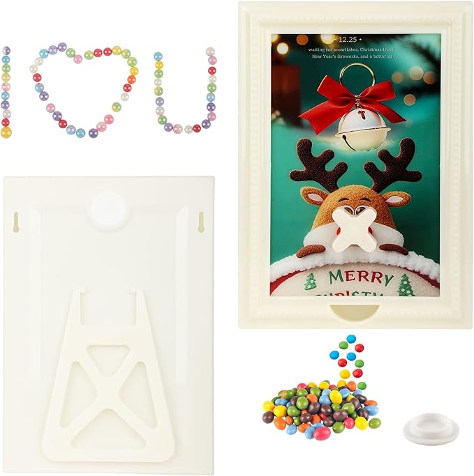 Candy Dispenser Picture Frame, Wall-Mount & Tabletop Gumball Machine with Multiple Designs for Candy, Nuts, Treats, Interactive Home and Office Decor (Deer & Bell, Off-White)