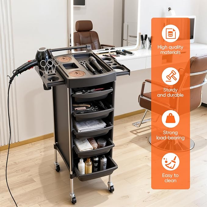 Salon Cart with Wheels, 6-Layer Hair Stylist Cart with 4 Removable Tool Tray,Portable Salon Station Rolling Storage Trolley for Barbering,Hairdressing Beauty SPA Tattoo Service