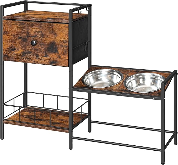 HOOBRO Elevated Dog Bowls Stand with Drawer, Height Adjustable Raised Feeding Station Cabinet with Storage Basket, 4-IN-1 Pet Storage Organizer for Large Medium Breeds, Rustic Brown and Black BF22PO03