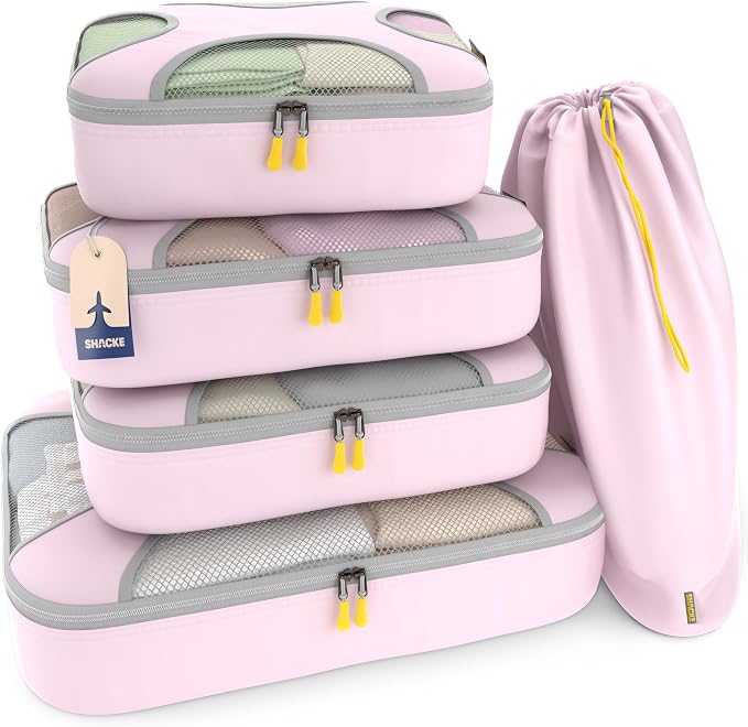 Shacke 5 Set Packing Cubes for Travel with Laundry Bag (Petal Pink) | Suitcase Organizer Bags Set: 4 Water-Resistant Luggage Cubes, XL to Small, + Laundry Bag for Carry-On or Checked