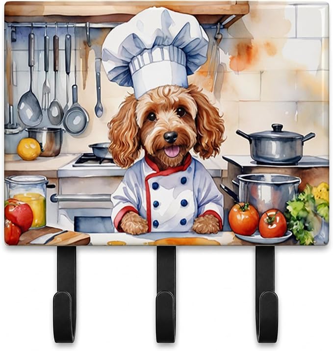 Caroline's Treasures Cockapoo The Chef Leash or Key Holder Wall Hooks, Key Hooks Holder, Coat Rack Wall Mount, Coat Hooks, Hooks for Hanging Keys, Towels, Aprons, Leashes | Cockapoo The Chef artwork on ceramic tile with three steel hooks for keys, leas...