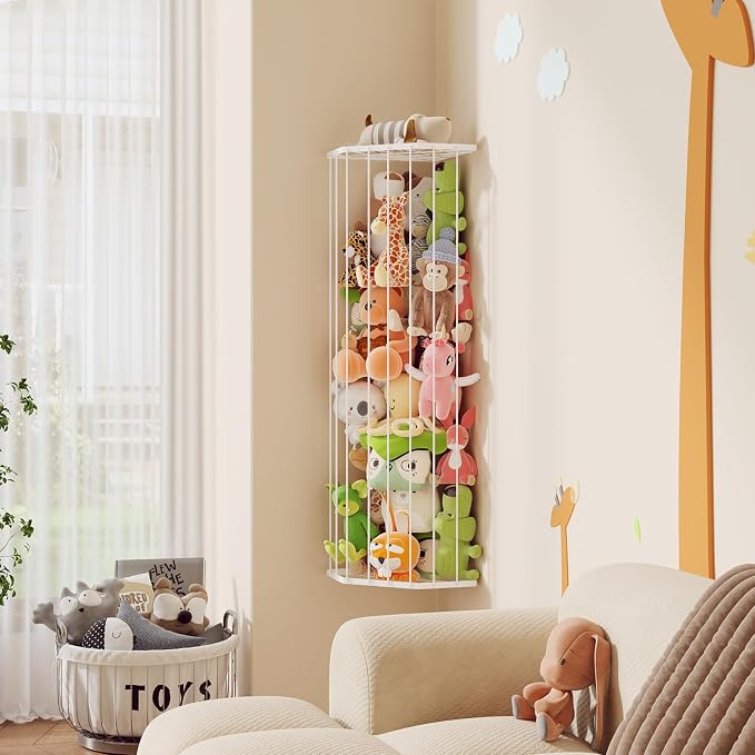 BBLlKE Stuffed Animal Storage Zoo - Corner Plush Toy Organizer Length Adjustable, Wall Hanging Stuffed Animal Net Holder for Nursery Playroom Bedroom Kids Room, White
