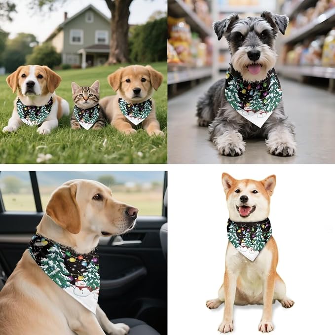 COEQINE Christmas Dog Bandanas Over Collar Valentines Dog Bandanas with Hair Tie Bracelet Set 2 Pcs Adult Costume and Dogs Clothing for Holiday Party Cosplay,Xmas Tree Black Snowman Lights