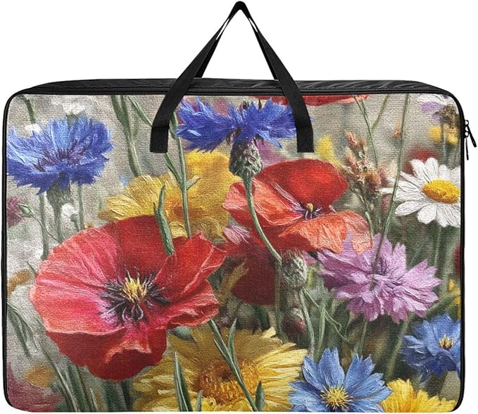 Comforter Storage Bags Large Folding Blanket Organizer Bag with Strong Handles Clear Window Closet Storage Containers for Clothes King Queen Pillows Bedding Quilt Duvet Cornflower Poppy Daisy