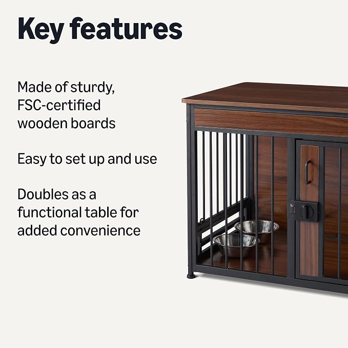 Amazon Basics Furniture Style Dog Crate, Sturdy Wooden Pet Kennel, End Table with Space for Pet, Two Bowls Included, 30" x 20.4" x 23.6", Walnut